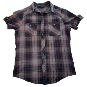Straight Faded Mens Small Plaid Short Sleeve Button Down Shirt Grey Burgundy